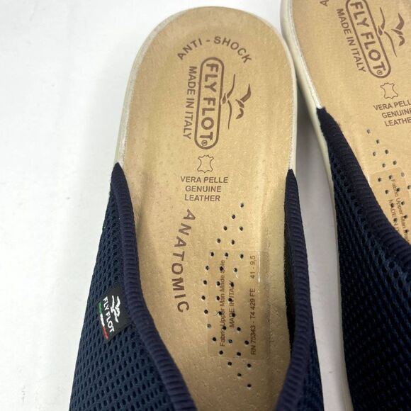 Fly Flot Italian Navy Blue Comfy Tan Wedge Slide Sandals Slip Ons Mesh Womens - Picture 4 of 8